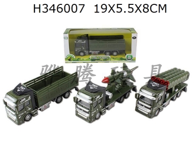 H346007 - 3 1:50 alloy Huili military vehicles<br>
Music with lights<br>
2 1:50 alloy return transporters