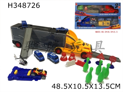 H348726 - Portable container car luxury version with 1 ejection board, 4 cars, 1 plane, 1 motorcycle, 2 horses, 5 road signs, 5 bowling, 2 skateboards