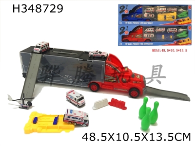 H348729 - Portable container car comfort version with 1 ejection board, 4 cars, 1 aircraft, 2 horses, 3 bowling, 2 skateboards