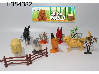 H354382 - Farm animal 7 piece set, with fence, tree