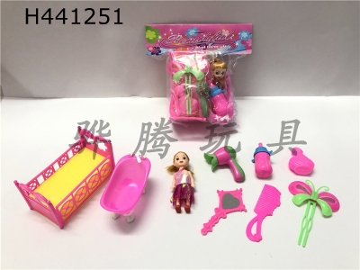 H441251 - 3.5 inch Barbie+crib+bathtub +6 accessories