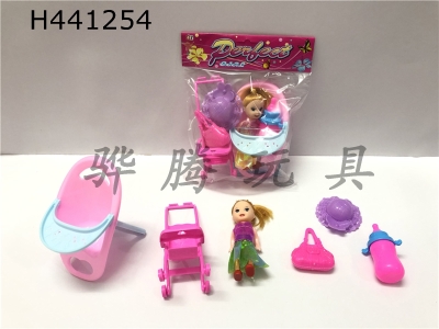 H441254 - 3.5 inch Barbie+dining chair+baby carriage+handbag+bottle+hat