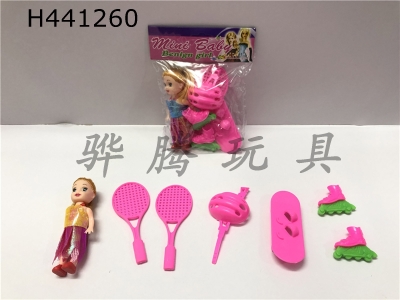 H441260 - 3.5 inch Barbie+badminton racket+hat+skateboard+roller shoes