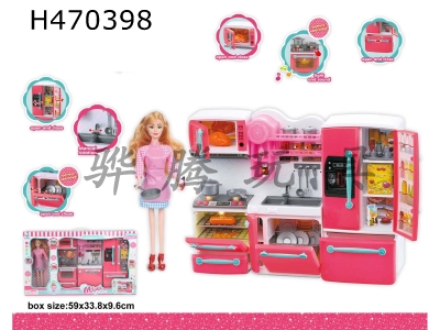 H470398 - Stove+sink+refrigerator+Barbie doll (lighting and music, 2 AAA bags).