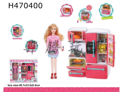 H470400 - Stove+refrigerator+Barbie doll (lighting and music, 2 AAA bags).