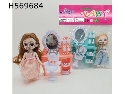 H569684 - 6-inch solid 13-joint 3D real eyes exquisite little Loli Barbie with dressing table set (two-color mixed to pack)