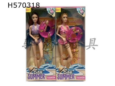 H570318 - 1.5 inch solid 12-joint swimsuit Barbie with swimming ring+surfboard (two mixed)