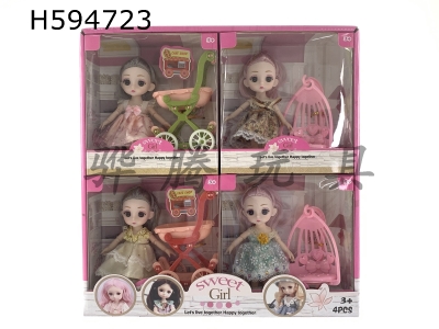 H594723 - 6 inch solid joint 3D eye night lolita with cart basket 4PCS/ display box (variety of multicolor)