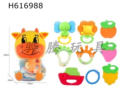 H616988 - Water-boiled gutta percha rattle bright color 8-piece yellow cattle bottle