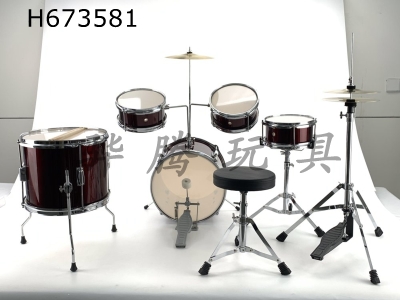 H673581 - Red wine alloy plated jazz drum set with 5 drums and independent cymbal leather chair.