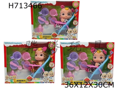 H713466 - 10 inch enamel Cocomelon Super Baby with 4 theme music and Christmas theme music, 3 different theme character mixed outfits with a family set and diaper with learning to ride
