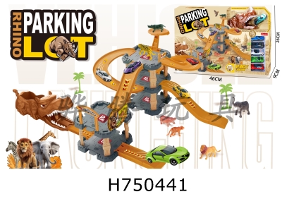 H750441 - Catapult Rhinoceros Double decker Track Parking Lot with 6 Alloy Cars and 6 Animals