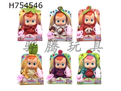 H754546 - The latest 10 inch vinyl crying doll with four tone music cry Babies Tutti Fritti fruit series with tear function, water absorbing bottle, and pacifier 6 randomly mixed models