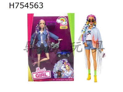 H754563 - Meitai version 11.5-inch 12 joint solid pink denim jacket, celebrity Barbie earrings, glasses. Off-road vehicle. Pet [with big feet and hands, not an ordinary body]