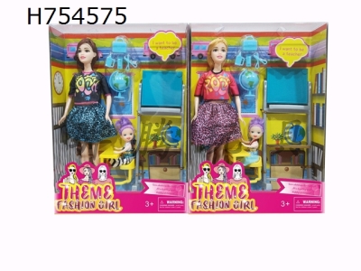 H754575 - New 11.5-inch live action fashion short skirt Barbie with blackboard, 3-inch child, globe vacuum formed accessories 2 mixed styles